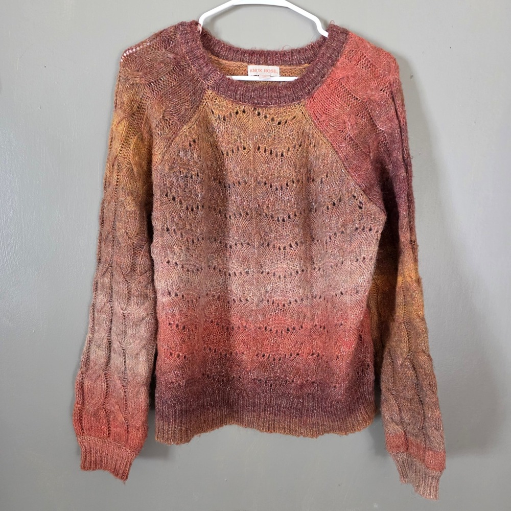 Knox Rose Womens Sweater Size Medium Ombre Cable Knit Pointelle Cozy Neutral